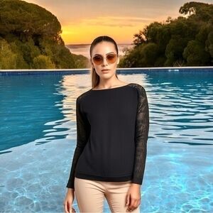 DKNY Women's Black Lace Trim Long Sleeve Sweater M Wool Blend Crew Neck VG